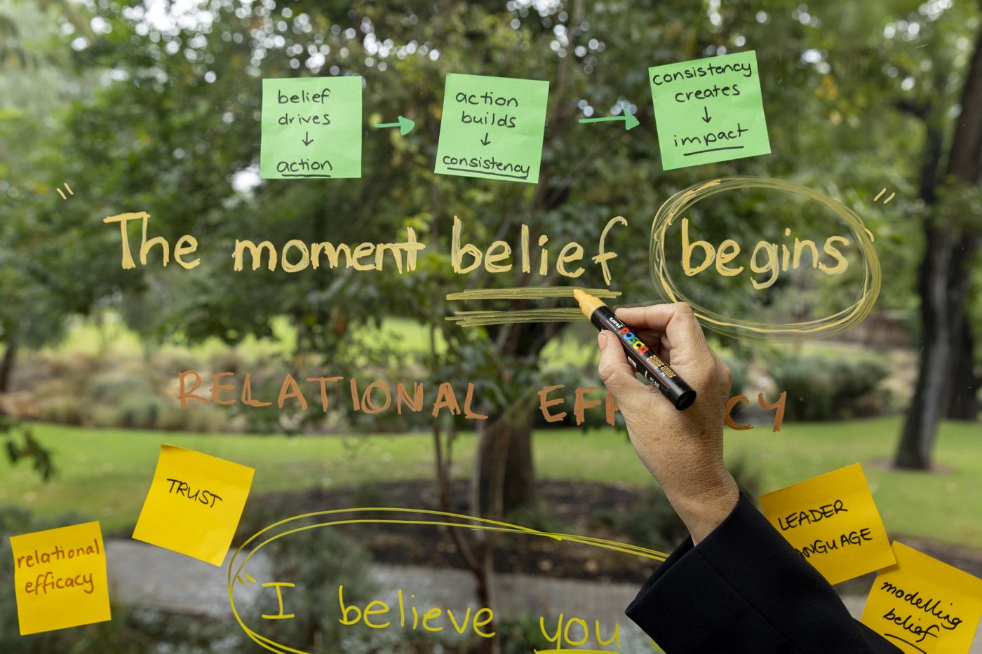 Photograph by Mira Soulio The thinking developing — belief, action, consistency, impact, written on glass — Photograph by Mira Soulio